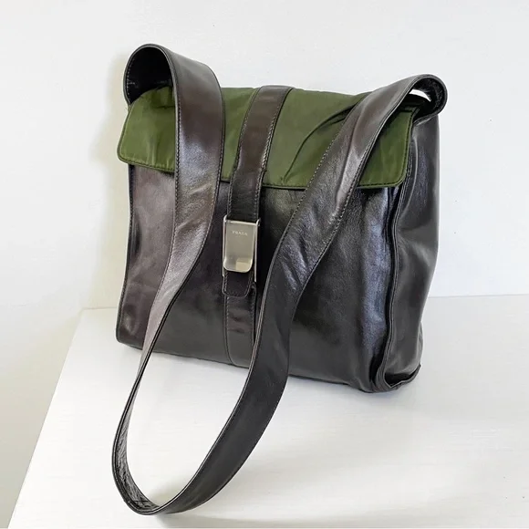 ❤️SOLD❤️Prada rare 90s brown nappa leather green Tessuto nylon shoulder bag - Picture 4 of 15